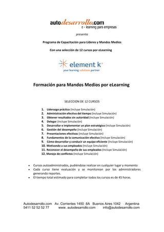  
 

                                             presenta 

                    Programa de Capacitación para Líderes y Mandos Medios  

                           Con una selección de 12 cursos por eLearning




        Formación para Mandos Medios por eLearning 
                                                   

                                     SELECCION DE 12 CURSOS

                     1.
                      Liderazgo práctico (Incluye Simulación) 
                     2.
                      Administración efectiva del tiempo (Incluye Simulación) 
                     3.
                      Obtener resultados sin autoridad (Incluye Simulación) 
                     4.
                      Delegar (Incluye Simulación) 
                     5.
                      Desarrollar e implementar un plan estratégico (Incluye Simulación) 
                     6.
                      Gestión del desempeño (Incluye Simulación) 
                     7.
                      Presentaciones efectivas (Incluye Simulación) 
                     8.
                      Fundamentos de la comunicación efectiva (Incluye Simulación) 
                     9.
                      Cómo desarrollar y conducir un equipo eficiente (Incluye Simulación) 
                     10.
                      Motivando a sus empleados (Incluye Simulación) 
                     11.
                      Reconocer el desempeño de sus empleados (Incluye Simulación) 
                  12. Manejo de conflictos (Incluye Simulación)


    •   Cursos autoadministrados, pudiéndose realizar en cualquier lugar y momento
    •   Cada  curso  tiene  evaluación  y  se  monitorean  por  los  administradores 
        generando reportes.
    •   El tiempo total estimado para completar todos los cursos es de 45 horas.

 




Autodesarrollo.com Av. Corrientes 1450 8A Buenos Aires 1042 Argentina
5411 52 52 52 77     www. autodesarrollo.com   info@autodesarrollo.com
 