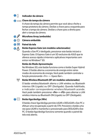1       	         Indicador da câmera
2                	 Chave da tampa da câmera
    	              A chave da tampa da câmera permite que você abra e feche a
                   tampa protetora da câmera. Deslize a chave para a esquerda para
                   fechar a tampa da câmera. Deslize a chave para a direita para
                   abrir a tampa da câmera.
3               	 Microfone Array (embutido)
4               	 Câmera embutida
5               	 Painel da tela
6           	     Botão Express Gate (em modelos selecionados)
    	             Quando o Eee PC é desligado, pressionar este botão iniciará o
                  Express Gate. O Express Gate é um SO exclusivo da ASUS que te
                  oferece acesso rápido à Internet e aplicativos importantes sem
                  entrar no Windows® SO.
    	             Botão do Modo Apresentação
    	             No Windows SO, este botão funciona como o botão Super Hybrid
                  Power. O botão alterna a economia de energia entre vários
                  modos de economia de energia. Você pode também controlar a
                  função pressionando Fn + Space Bar.
            	 Botão Wireless/Bluetooth (BT em modelos selecionados)
    	         O botão wireless/bluetooth alterna a LAN wireless ou Bluetooth
              internos ON (Ligado) ou OFF (Desligado). Quando habilitado,
              o indicador correspondente wireless/bluetooth acende.
              Você pode também pressionar Fn + F2 para alternar a LAN
              wireless interna ou Bluetooth ON (Ligado) ou OFF (Desligado).
7               	 Botão liga/desliga (Win)
    	             O botão chave liga/desliga permite LIGAR e DESLIGAR o Eee PC e
                  efetuar uma recuperação a partir do STR. Pressione o botão uma
                  vez para LIGAR e mantenha-o pressionado para DESLIGAR o Eee
                  PC. O botão liga/desliga funciona somente quando o painel da
                  tela está aberto.




ASUS Eee PC                                                                          1-3
 