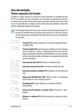 Uso do teclado
Teclas especiais de função
A página a seguir explica as teclas de acesso coloridas no teclado do Eee
PC. Os comandos de cores só podem ser acessados ao pressionar primeiro
e manter pressionada a tecla de função enquanto é pressionada uma tecla
com um comando de cor. Alguns ícones de função são exibidos na barra de
tarefas notificação depois da ativação.

        A localização das teclas de acesso na teclas de função pode variar em
        função do modelo mas as funções permanecem as mesmas. Siga os
        ícones sempre que a localização das teclas de acesso não corresponder
        ao manual.

            	    Í
                  cone Zz (F1): Coloca o Eee PC no modo de suspensão (Save-
                 to-RAM, STR).
            	Torre de rádio (F2): Somente para modelos com tecnologia
              sem fio: Alterna a LAN ou o Bluetooth interno sem fio (em
              alguns modelos) LIGADO ou DESLIGADO com uma exibição
              na tela. Quando ativada, o indicador correspondente de rede
              sem fio acenderá.
            	    Ícone de pôr do sol (F5): Diminui o brilho da tela.

            	Ícone do nascer do sol (F6): Aumenta o brilho da tela.

            	    cone do monitor cruzado (F7): Desliga a luz de fundo da
                 Í
                 tela.
            	Ícones do LCD/Monitor (F8): Alterna entre a visualização
              LCD do Eee PC e um monitor externo.

    	      	Touchpad (F9): Liga e desliga o touchpad LIGADO/
             DESLIGADO.

            	Ícone do alto-falante cruzado (F10): Emudece o alto-
              falante.

            	Diminui o volume (F11): Diminuição do volume do alto-
              falante.


ASUS Eee PC                                                                     1-11
 