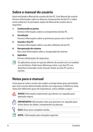 Sobre o manual do usuário
     Você está lendo o Manual do usuário do Eee PC. Este Manual do usuário
     fornece informações sobre os diversos componentes do Eee PC e sobre
     como utilizá-los. As principais seções do Manual do usuário são as
     seguintes:
     1.	   Conhecendo as partes	
     	     Fornece informações sobre os componentes do Eee PC.
     2.	   Introdução
     	     Fornece informações sobre os primeiros passos com o Eee PC.
     3.	   Usando o Eee PC
     	     Fornece informações sobre o uso dos utilitários do Eee PC.
     4.	   Recuperação do sistema
     	     Dá a você informações sobre a recuperação do sistema.
     5.	   Apêndice
     	     Fornece declarações de segurança.
           Os aplicativos atuais em pacote diferem de acordo com os modelos
           e os territórios. Pode haver diferenças entre o seu Eee PC e os
           desenhos mostrados neste manual. Aceite seu Eee PC como o
           correto.


     Notas para o manual
     Umas poucas notas e avisos são usados ao longo deste guia, permitindo
     que você conclua determinadas tarefas com segurança e eficiência. Estas
     notas têm diferentes graus de importância, como exibido a seguir:

           AVISO! Informações importantes que devem ser seguidas para
           operação segura�.

           IMPORTANTE! Informações vitais que precisam ser seguidas para
           evitar danos aos dados, componentes ou pessoas.

           DICA: Dicas para completar tarefas.

           NOTA: Informações para situações especiais.



iv                                                                      Sumário
 