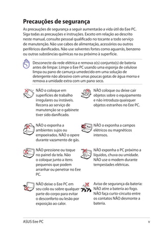Precauções de segurança
As precauções de segurança a seguir aumentarão a vida útil do Eee PC.
Siga todas as precauções e instruções. Exceto em relação ao descrito
neste manual, consulte pessoal qualificado no tocante a todo serviço
de manutenção. Não use cabos de alimentação, acessórios ou outros
periféricos danificados. Não use solventes fortes como aguarrás, benzeno
ou outras substâncias químicas na ou próximo à superfície.

     Desconecte da rede elétrica e remova o(s) conjunto(s) de bateria
     antes de limpar. Limpe o Eee PC usando uma esponja de celulose
     limpa ou pano de camurça umedecido em uma solução de
     detergente não abrasivo com umas poucas gotas de água morna e
     remova a umidade extra com um pano seco.

       NÃO o coloque em                    NÃO coloque ou deixe cair
       superfícies de trabalho             objetos sobre o equipamento
       irregulares ou instáveis.           e não introduza quaisquer
       Recorra ao serviço de               objetos estranhos no Eee PC.
       manutenção se o gabinete
       tiver sido danificado.

       NÃO o exponha a                     NÃO o exponha a campos
       ambientes sujos ou                  elétricos ou magnéticos
       empoeirados. NÃO o opere            intensos.
       durante vazamento de gás.

       NÃO pressione ou toque              NÃO exponha o PC próximo a
       no painel da tela. Não              líquidos, chuva ou umidade.
       o coloque junto a itens             NÃO use o modem durante
       pequenos que podem                  tempestades elétricas.
       arranhar ou penetrar no Eee
       PC.

       NÃO deixe o Eee PC em               Aviso de segurança da bateria:
       seu colo ou sobre qualquer          NÃO atire a bateria ao fogo.
       parte do corpo para evitar          NÃO faça curto-circuito entre
       o desconforto ou lesão por          os contatos NÃO desmonte a
       exposição ao calor.                 bateria.



ASUS Eee PC                                                                 
 