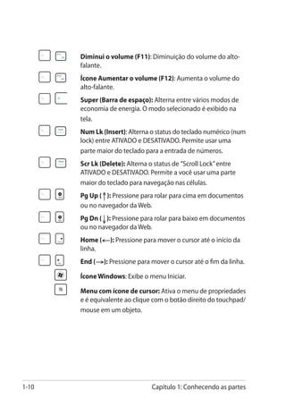 Diminui o volume (F11): Diminuição do volume do alto-
                 falante.
               	Ícone Aumentar o volume (F12): Aumenta o volume do
                 alto-falante.
               	Super (Barra de espaço): Alterna entre vários modos de
                 economia de energia. O modo selecionado é exibido na
                 tela.
               	Num Lk (Insert): Alterna o status do teclado numérico (num
                 lock) entre ATIVADO e DESATIVADO. Permite usar uma
                 parte maior do teclado para a entrada de números.
               	 Lk (Delete): Alterna o status de ”Scroll Lock” entre
                 Scr
                 ATIVADO e DESATIVADO. Permite a você usar uma parte
                 maior do teclado para navegação nas células.
           	 Up (↑): Pressione para rolar para cima em documentos
             Pg
             ou no navegador da Web.
           	 Dn (↓): Pressione para rolar para baixo em documentos
             Pg
             ou no navegador da Web.
           	Home (←): Pressione para mover o cursor até o início da
             linha.
           	       End (→): Pressione para mover o cursor até o fim da linha.

       	       	   Ícone Windows: Exibe o menu Iniciar.

       	       	   M
                    enu com ícone de cursor: Ativa o menu de propriedades
                   e é equivalente ao clique com o botão direito do touchpad/
                   mouse em um objeto.




1-10                                        Capítulo 1: Conhecendo as partes
 