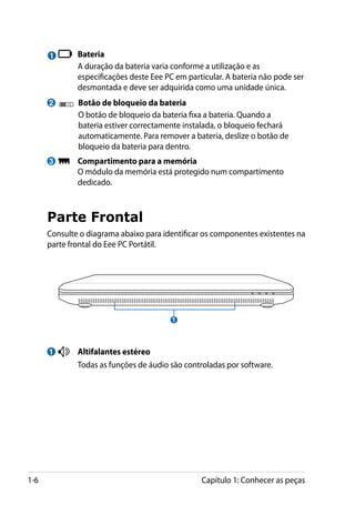1       	 Bateria
          	     A duração da bateria varia conforme a utilização e as
                especificações deste Eee PC em particular. A bateria não pode ser
                desmontada e deve ser adquirida como uma unidade única.
      2        	 Botão de bloqueio da bateria
          	      O botão de bloqueio da bateria fixa a bateria. Quando a
                 bateria estiver correctamente instalada, o bloqueio fechará
                 automaticamente. Para remover a bateria, deslize o botão de
                 bloqueio da bateria para dentro.
      3       	 Compartimento para a memória
          	     O módulo da memória está protegido num compartimento
                dedicado.



      Parte Frontal
      Consulte o diagrama abaixo para identificar os componentes existentes na
      parte frontal do Eee PC Portátil.




                                          1



      1       	 Altifalantes estéreo
          	     Todas as funções de áudio são controladas por software.




1-6                                                Capítulo 1: Conhecer as peças
 