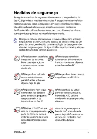 Medidas de segurança
As seguintes medidas de segurança irão aumentar o tempo de vida do
Eee PC. Siga todas as medidas e instruções. À excepção do que é referido
neste manual, faça todas as reparações em representantes autorizados.
Não utilize cabos de alimentação, acessórios ou outros periféricos
danificados. Não utilize solventes fortes, tais como diluente, benzina ou
outros produtos químicos na superfície ou perto dela.

      Desligue o cabo de alimentação e remova a(s) bateria(s) antes de
      limpar. Limpe o Eee PC com uma esponja de celulose limpa ou um
      pano de camurça embebido com uma solução de detergente não-
      abrasivo e algumas gotas de água tépida e depois remova quaisquer
      restos de humidade com um pano seco.

        NÃO coloque em superfícies          NÃO coloque nem deixe
        irregulares ou instáveis.           cair objectos em cima e não
        Envie para reparação se             introduza quaisquer objectos
        a estrutura se encontrar            estranhos no Eee PC.
        danificada.

        NÃO exponha a sujidade              NÃO exponha a fortes campos
        nem a ambientes com                 magnéticos ou eléctricos.
        pó. NÃO utilize se houver
        alguma fuga de gás.

        NÃO pressione nem toque             NÃO exponha a ou utilize
        no monitor. Não coloque             perto de líquidos, chuva ou
        junto a objectos pequenos           humidade. NÃO utilize o
        que possam riscar ou                modem durante tempestades
        introduzir-se no Eee PC.            eléctricas.

        NÃO deixe o Eee PC no seu           Aviso de segurança para a
        colo ou em qualquer outra           bateria: NÃO atire a bateria
        parte do corpo de forma a           para o fogo.NÃO cause curto-
        evitar desconforto ou lesões        circuito aos contactos. NÃO
        causadas por exposição ao           desmonte a bateria.
        calor.


ASUS Eee PC                                                                 
 