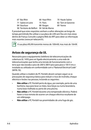 67 Bas Rhin		             68 Haut Rhin	      70 Haute Saône
      	     71 Saône et Loire	        75 Paris		         82 Tarn et Garonne		
            84 Vaucluse		             88 Vosges	         89 Yonne			
            90 Territoire de Belfort	 94 Val de Marne	
      É provável que estes requisitos venham a sofrer alterações ao longo do
      tempo, permitindo-lhe utilizar a sua placa de LAN sem fios em mais áreas
      dentro de França. Consulte a página Web da ART para obter as informação
      mais recentes (www.art-telecom.fr).

            A sua placa WLAN transmite menos de 100mW, mas mais de 10mW.


      Avisos de segurança da UL
      Necessário para o equipamento (telefone) de telecomunicações de
      cobertura UL 1459, para ser ligado electricamente a uma rede de
      telecomunicações que tenha uma tensão de funcionamento com a
      terra que não exceda o pico de 200 V, 300 V pico para pico e 105 V rms e
      instalada ou utilizada em conformidade com o “National Electrical Code”
      (NFPA 70).
      Quando utilizar o modem do PC Portátil, devem sempre seguir-se as
      precauções de segurança básica para reduzir o risco de incêndio, choque
      eléctrico e lesões nas pessoas, incluindo as seguintes:
      •	    Não utilize o PC Portátil perto da água, por exemplo, perto de uma
            banheira, taça para lavar as mãos, lava-loiças ou numa lavandaria,
            numa base molhada ou perto de uma piscina.
      •	    Não utilize o PC Portátil durante uma tempestade eléctrica. Poderá
            haver o risco remoto de ocorrer um choque eléctrico resultante de
            um relâmpago.
      • 	   Não utilize o PC Portátil nas proximidades de uma fuga de gás.




A-8                                                                   Apêndice
 