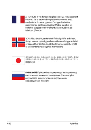 ATTENTION!  Il y a danger d’explosion s’il y a remplacement
           incorrect de la batterie. Remplacer uniquement avec
           une batterie du mêre type ou d’un type équivalent
           recommandé par le constructeur. Mettre au rebut les
           batteries usagées conformément aux instructions du
           fabricant. (French)


           ADVARSEL! Eksplosjonsfare ved feilaktig skifte av batteri.
           Benytt samme batteritype eller en tilsvarende type anbefalt
           av apparatfabrikanten. Brukte batterier kasseres i henhold
           til fabrikantens instruksjoner. (Norwegian)
       .




           (Japanese)
           .


           ВНИМАНИЕ! При замене аккумулятора на аккумулятор
           иного типа возможно его возгорание. Утилизируйте
           аккумулятор в соответствии с инструкциями
           производителя. (Russian)




A-12                                                        Apêndice
 