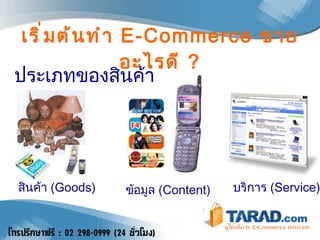 เริ่มต้นทำ  E - Commerce   ขายอะไรดี  ? ประเภทของสินค้า สินค้า  (Goods) ข้อมูล  (Content) บริการ  (Service) 