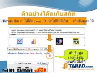 ตัวอย่างโค๊ดเก็บสถิติ สมัครสมาชิก     ได้โค๊ด   (Code)      นำไปติดที่เว็บ     เก็บข้อมูลสถิติ เก็บข้อมูลของผู้เข้าชม ทุกครั้งที่โลโก้แสดง < script  language = 'javascript1.1' > page='HomePage';</ script >  < script  language='javascript1.1'  src = 'http :// truehits . gits . net . th / data / a0000020 . js' ></ script >  