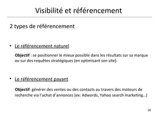 2 types de référencement Le référencement naturel Objectif  : se positionner le mieux possible dans les résultats sur sa marque ou sur des requêtes stratégiques (en optimisant son site). Le référencement payant     Objectif : générer des ventes ou des contacts au travers des moteurs de recherche via l’achat d’annonces (ex: Adwords, Yahoo search marketing…) Visibilité et référencement  
