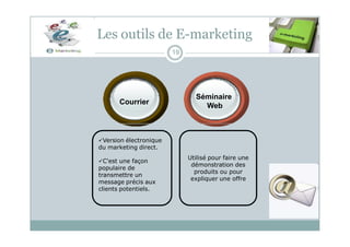 Courrier
Séminaire
Web
Les outils de E-marketing
19
Utilisé pour faire une
démonstration des
produits ou pour
expliquer une offre
Version électronique
du marketing direct.
C'est une façon
populaire de
transmettre un
message précis aux
clients potentiels.
 