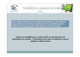 Visibilité et canaux de trafic
De la même manière qu’une surface commerciale, un site internet
type e-commerce ne sera pas performant et ne générera pas de
chiffre s’il n’est pas ou peu visible dans son environnement
29
Créer de la visibilité pour un site revient à créer des liens qui
permettent d'y accéder : l’ensemble de ces liens constituent ce qu’on
appelle le référencement
 