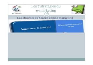 Les objectifs du Search engine marketing
Les 7 stratégies du
e-marketing
40
 