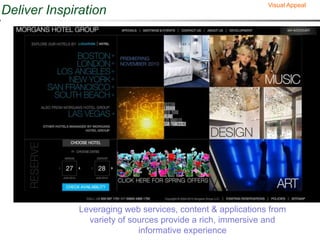 Visual Appeal
Deliver Inspiration




              Leveraging web services, content & applications from
                variety of sources provide a rich, immersive and
                             informative experience
 