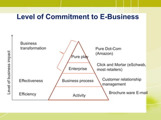 Level of Commitment to E-Business
Pure play
Enterprise
Business process
Activity
Pure Dot-Com
(Amazon)
Click and Mortar (eSchwab,
most retailers)
Customer relationship
management
Brochure ware E-mail
Business
transformation
Effectiveness
Efficiency
Levelofbusinessimpact
 