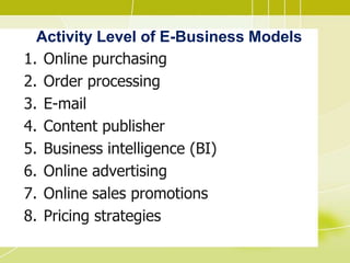 Activity Level of E-Business Models
1. Online purchasing
2. Order processing
3. E-mail
4. Content publisher
5. Business intelligence (BI)
6. Online advertising
7. Online sales promotions
8. Pricing strategies
 