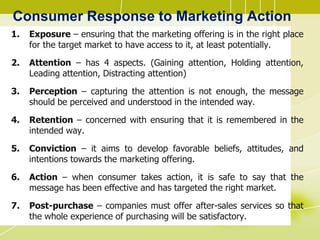 Consumer Response to Marketing Action
1. Exposure – ensuring that the marketing offering is in the right place
for the target market to have access to it, at least potentially.
2. Attention – has 4 aspects. (Gaining attention, Holding attention,
Leading attention, Distracting attention)
3. Perception – capturing the attention is not enough, the message
should be perceived and understood in the intended way.
4. Retention – concerned with ensuring that it is remembered in the
intended way.
5. Conviction – it aims to develop favorable beliefs, attitudes, and
intentions towards the marketing offering.
6. Action – when consumer takes action, it is safe to say that the
message has been effective and has targeted the right market.
7. Post-purchase – companies must offer after-sales services so that
the whole experience of purchasing will be satisfactory.
 