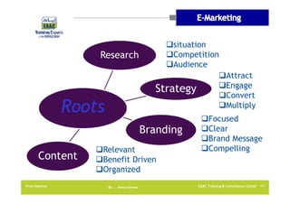 Research

situation
Competition
Audience
Attract
Engage
Strategy
Convert
Multiply

Branding
Content
Free Seminar

Relevant
Benefit Driven
Organized
By …. Rana Gomaa

Focused
Clear
Brand Message
Compelling

EAAC Training & Consultancy Center 17

 
