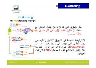 ‫‪ Strategy‬‬
‫•‬

‫فكر بالطرق التي قد تزيد من تفاعل الزبائن مع‬
‫منتجك ) مثال: خصم %‪ x‬على كل صديق يتم‬
‫احالته …… (‬

‫اإلستراتيجية الناجحة في التسويق االلكتروني تقوم على‬
‫ايجاد الحلول التي تھدف الى زيادة عدد مرات الـ‬
‫‪Conversions‬أو تحول الزائر الى زبون و ذلك من‬
‫خالل إظھار نقاط البيع الفريدة لموقعك ‪ USPs‬التي قمت‬
‫بتعريفھا.‬
‫02 ‪EAAC Training & Consultancy Center‬‬

‫‪By …. Rana Gomaa‬‬

‫‪Free Seminar‬‬

 
