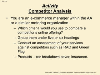 Slide 8.20
David Chaffey, E-Business & E-Commerce Management, 5th Edition, © Marketing Insights Limited 2012
Activity
Competitor Analysis
• You are an e-commerce manager within the AA
or a similar motoring organization
– Which criteria would you use to compare a
competitor’s online offering?
– Group them under five or six headings
– Conduct an assessment of your services
against competitors such as RAC and Green
Flag
– Products – car breakdown cover, insurance.
 