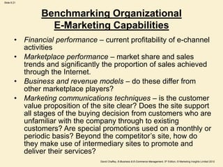 Slide 8.21
David Chaffey, E-Business & E-Commerce Management, 5th Edition, © Marketing Insights Limited 2012
Benchmarking Organizational
E-Marketing Capabilities
• Financial performance – current profitability of e-channel
activities
• Marketplace performance – market share and sales
trends and significantly the proportion of sales achieved
through the Internet.
• Business and revenue models – do these differ from
other marketplace players?
• Marketing communications techniques – is the customer
value proposition of the site clear? Does the site support
all stages of the buying decision from customers who are
unfamiliar with the company through to existing
customers? Are special promotions used on a monthly or
periodic basis? Beyond the competitor’s site, how do
they make use of intermediary sites to promote and
deliver their services?
 