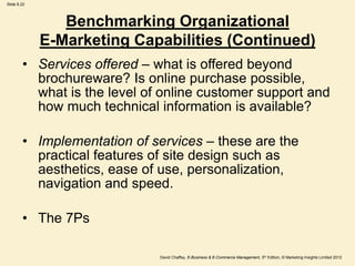 Slide 8.22
David Chaffey, E-Business & E-Commerce Management, 5th Edition, © Marketing Insights Limited 2012
Benchmarking Organizational
E-Marketing Capabilities (Continued)
• Services offered – what is offered beyond
brochureware? Is online purchase possible,
what is the level of online customer support and
how much technical information is available?
• Implementation of services – these are the
practical features of site design such as
aesthetics, ease of use, personalization,
navigation and speed.
• The 7Ps
 
