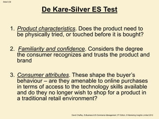 Slide 8.38
David Chaffey, E-Business & E-Commerce Management, 5th Edition, © Marketing Insights Limited 2012
De Kare-Silver ES Test
1. Product characteristics. Does the product need to
be physically tried, or touched before it is bought?
2. Familiarity and confidence. Considers the degree
the consumer recognizes and trusts the product and
brand
3. Consumer attributes. These shape the buyer’s
behaviour – are they amenable to online purchases
in terms of access to the technology skills available
and do they no longer wish to shop for a product in
a traditional retail environment?
 