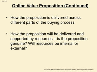 Slide 8.41
David Chaffey, E-Business & E-Commerce Management, 5th Edition, © Marketing Insights Limited 2012
Online Value Proposition (Continued)
• How the proposition is delivered across
different parts of the buying process
• How the proposition will be delivered and
supported by resources – is the proposition
genuine? Will resources be internal or
external?
 
