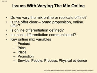 Slide 8.52
David Chaffey, E-Business & E-Commerce Management, 5th Edition, © Marketing Insights Limited 2012
Issues With Varying The Mix Online
• Do we vary the mix online or replicate offline?
• Is the offer clear – brand proposition, online
offer?
• Is online differentiation defined?
• Is online differentiation communicated?
• Key online mix variables
– Product
– Price
– Place
– Promotion
– Service: People, Process, Physical evidence
 