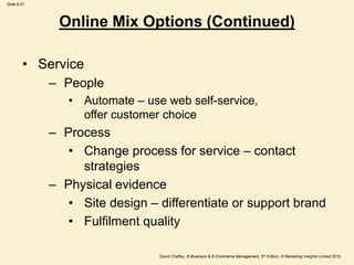 Slide 8.57
David Chaffey, E-Business & E-Commerce Management, 5th Edition, © Marketing Insights Limited 2012
• Service
– People
• Automate – use web self-service,
offer customer choice
– Process
• Change process for service – contact
strategies
– Physical evidence
• Site design – differentiate or support brand
• Fulfilment quality
Online Mix Options (Continued)
 