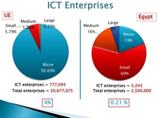 UE
Small
5.79%

Medium
1.26%

Egypt

Large
0.27%

Medium
16%

Large
5%
Micro
19%

Micro
92.69%
ICT enterprises = 777,093
Total enterprises = 20,677,075

4%

Small
60%
ICT enterprises = 5,243
Total enterprises = 2,500,000

0.21 %

 