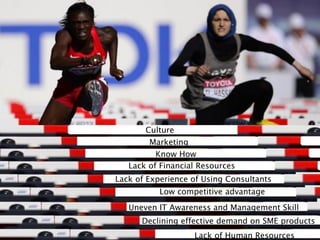 Culture
Marketing
Know How
Lack of Financial Resources

Lack of Experience of Using Consultants
Low competitive advantage
Uneven IT Awareness and Management Skill
Declining effective demand on SME products
Lack of Human Resources

 