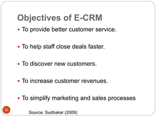Objectives of E-CRM
52
 To provide better customer service.
 To help staff close deals faster.
 To discover new customers.
 To increase customer revenues.
 To simplify marketing and sales processes
Source: Sudhakar (2009)
 