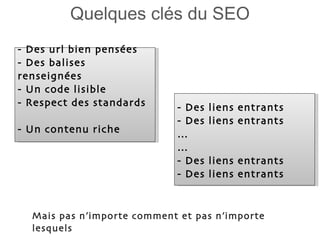 Quelques clés du SEO - Des url bien pensées - Des balises renseignées - Un code lisible - Respect des standards - Un contenu riche  - Des liens entrants - Des liens entrants … … - Des liens entrants - Des liens entrants Mais pas n’importe comment et pas n’importe lesquels 