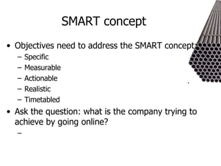 SMART concept Objectives need to address the SMART concept: Specific Measurable Actionable Realistic Timetabled Ask the question: what is the company trying to achieve by going online? 