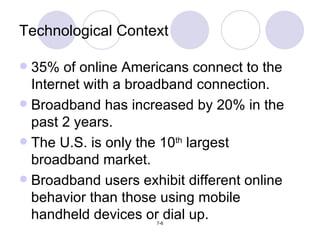 Technological Context 35% of online Americans connect to the Internet with a broadband connection. Broadband has increased by 20% in the past 2 years. The U.S. is only the 10 th  largest broadband market. Broadband users exhibit different online behavior than those using mobile handheld devices or dial up. 