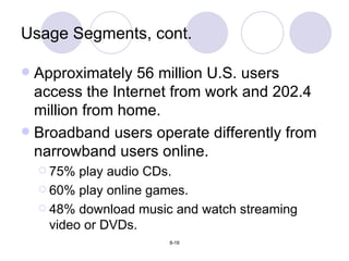 Usage Segments, cont. Approximately 56 million U.S. users access the Internet from work and 202.4 million from home. Broadband users operate differently from narrowband users online. 75% play audio CDs. 60% play online games. 48% download music and watch streaming video or DVDs. 