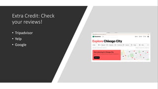 Extra Credit: Check
your reviews!
• Tripadvisor
• Yelp
• Google