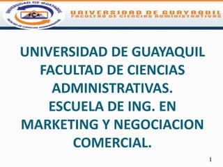 UNIVERSIDAD DE GUAYAQUIL
  FACULTAD DE CIENCIAS
    ADMINISTRATIVAS.
    ESCUELA DE ING. EN
MARKETING Y NEGOCIACION
       COMERCIAL.
                           1
 