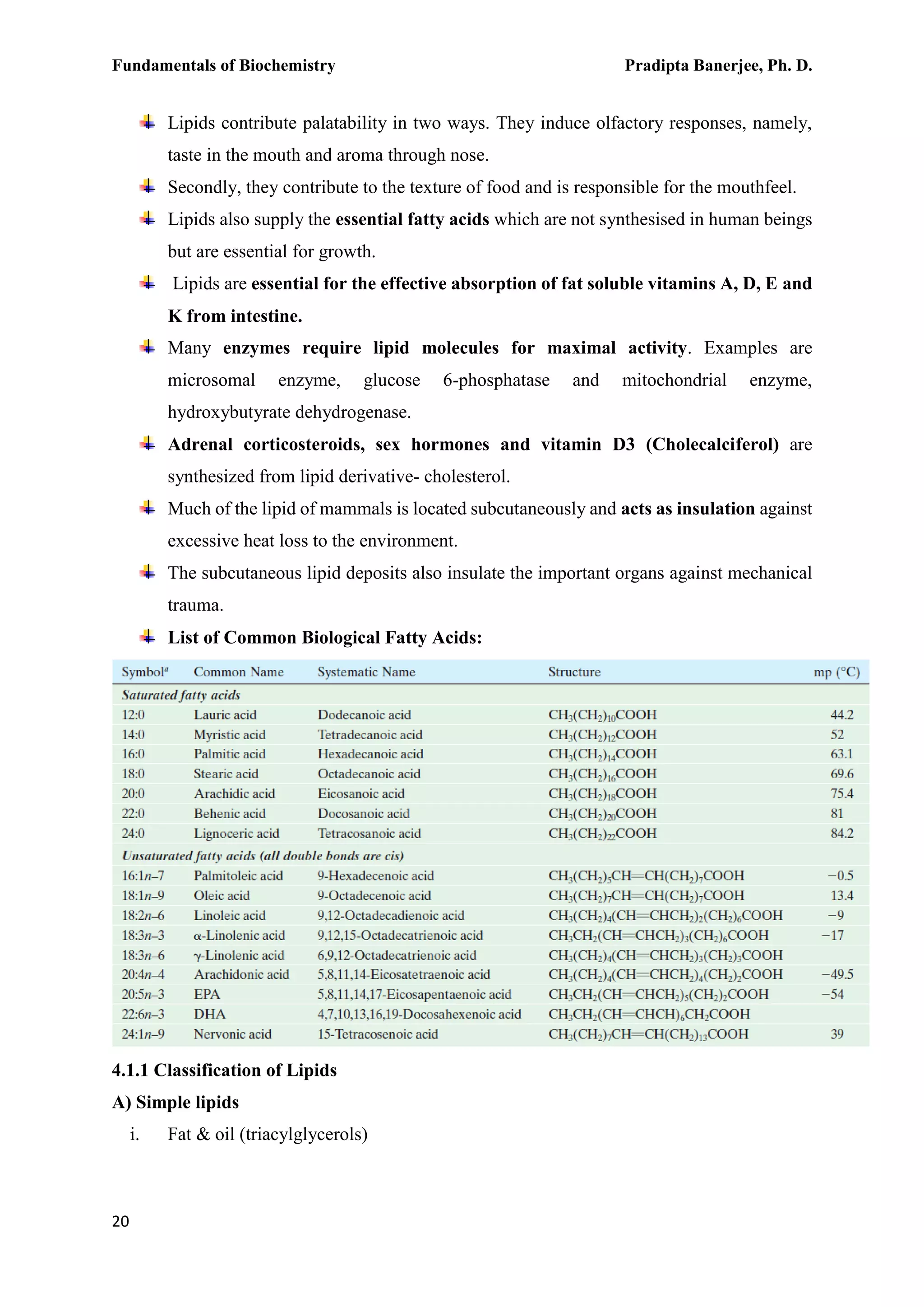 Fundamentals of Biochemistry Pradipta Banerjee, Ph. D.
20
Lipids contribute palatability in two ways. They induce olfactory responses, namely,
taste in the mouth and aroma through nose.
Secondly, they contribute to the texture of food and is responsible for the mouthfeel.
Lipids also supply the essential fatty acids which are not synthesised in human beings
but are essential for growth.
Lipids are essential for the effective absorption of fat soluble vitamins A, D, E and
K from intestine.
Many enzymes require lipid molecules for maximal activity. Examples are
microsomal enzyme, glucose 6-phosphatase and mitochondrial enzyme,
hydroxybutyrate dehydrogenase.
Adrenal corticosteroids, sex hormones and vitamin D3 (Cholecalciferol) are
synthesized from lipid derivative- cholesterol.
Much of the lipid of mammals is located subcutaneously and acts as insulation against
excessive heat loss to the environment.
The subcutaneous lipid deposits also insulate the important organs against mechanical
trauma.
List of Common Biological Fatty Acids:
4.1.1 Classification of Lipids
A) Simple lipids
i. Fat & oil (triacylglycerols)
 