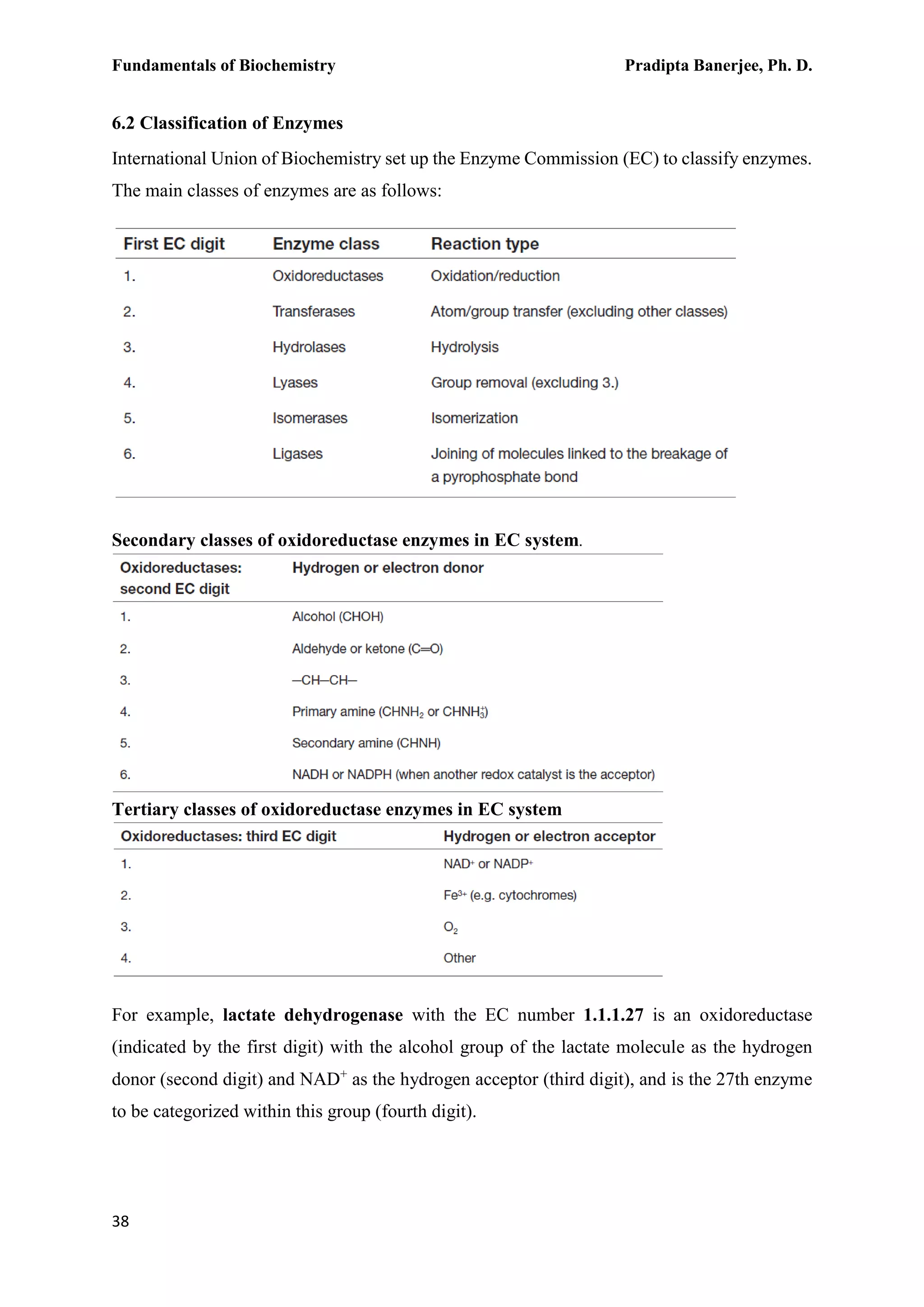 Fundamentals of Biochemistry Pradipta Banerjee, Ph. D.
38
6.2 Classification of Enzymes
International Union of Biochemistry set up the Enzyme Commission (EC) to classify enzymes.
The main classes of enzymes are as follows:
Secondary classes of oxidoreductase enzymes in EC system.
Tertiary classes of oxidoreductase enzymes in EC system
For example, lactate dehydrogenase with the EC number 1.1.1.27 is an oxidoreductase
(indicated by the first digit) with the alcohol group of the lactate molecule as the hydrogen
donor (second digit) and NAD+
as the hydrogen acceptor (third digit), and is the 27th enzyme
to be categorized within this group (fourth digit).
 