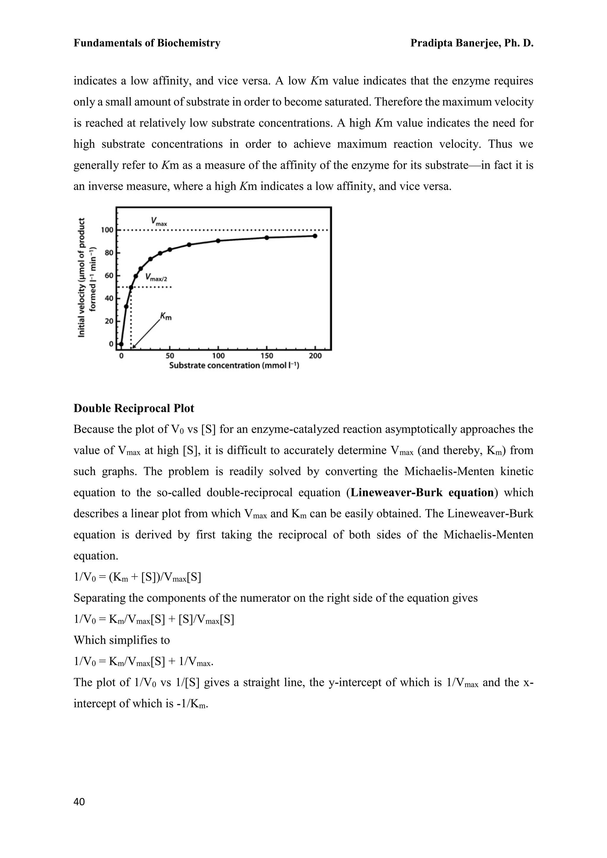Fundamentals of Biochemistry Pradipta Banerjee, Ph. D.
40
indicates a low affinity, and vice versa. A low Km value indicates that the enzyme requires
only a small amount of substrate in order to become saturated. Therefore the maximum velocity
is reached at relatively low substrate concentrations. A high Km value indicates the need for
high substrate concentrations in order to achieve maximum reaction velocity. Thus we
generally refer to Km as a measure of the affinity of the enzyme for its substrate—in fact it is
an inverse measure, where a high Km indicates a low affinity, and vice versa.
Double Reciprocal Plot
Because the plot of V0 vs [S] for an enzyme-catalyzed reaction asymptotically approaches the
value of Vmax at high [S], it is difficult to accurately determine Vmax (and thereby, Km) from
such graphs. The problem is readily solved by converting the Michaelis-Menten kinetic
equation to the so-called double-reciprocal equation (Lineweaver-Burk equation) which
describes a linear plot from which Vmax and Km can be easily obtained. The Lineweaver-Burk
equation is derived by first taking the reciprocal of both sides of the Michaelis-Menten
equation.
1/V0 = (Km + [S])/Vmax[S]
Separating the components of the numerator on the right side of the equation gives
1/V0 = Km/Vmax[S] + [S]/Vmax[S]
Which simplifies to
1/V0 = Km/Vmax[S] + 1/Vmax.
The plot of 1/V0 vs 1/[S] gives a straight line, the y-intercept of which is 1/Vmax and the x-
intercept of which is -1/Km.
 