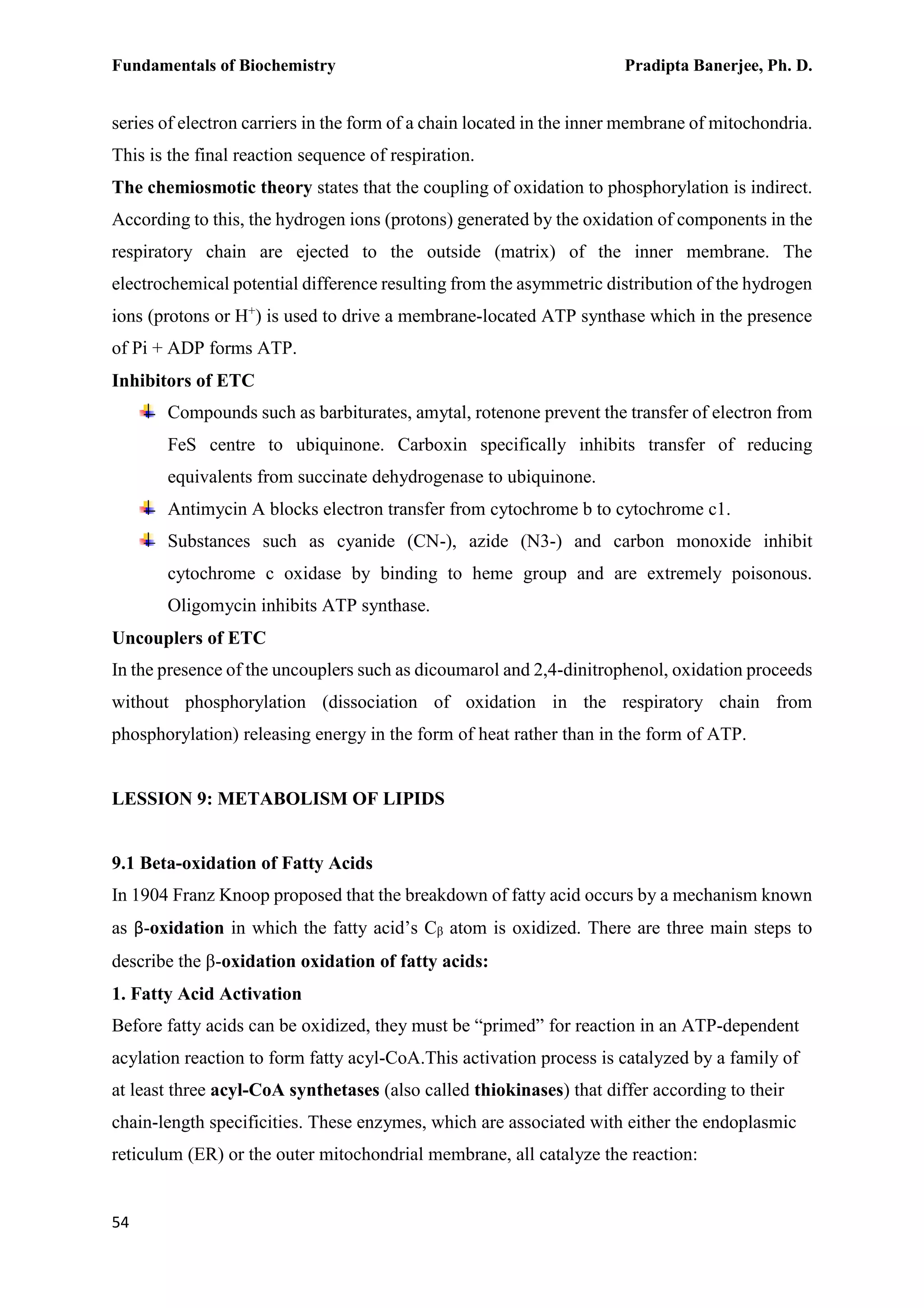 Fundamentals of Biochemistry Pradipta Banerjee, Ph. D.
54
series of electron carriers in the form of a chain located in the inner membrane of mitochondria.
This is the final reaction sequence of respiration.
The chemiosmotic theory states that the coupling of oxidation to phosphorylation is indirect.
According to this, the hydrogen ions (protons) generated by the oxidation of components in the
respiratory chain are ejected to the outside (matrix) of the inner membrane. The
electrochemical potential difference resulting from the asymmetric distribution of the hydrogen
ions (protons or H+
) is used to drive a membrane-located ATP synthase which in the presence
of Pi + ADP forms ATP.
Inhibitors of ETC
Compounds such as barbiturates, amytal, rotenone prevent the transfer of electron from
FeS centre to ubiquinone. Carboxin specifically inhibits transfer of reducing
equivalents from succinate dehydrogenase to ubiquinone.
Antimycin A blocks electron transfer from cytochrome b to cytochrome c1.
Substances such as cyanide (CN-), azide (N3-) and carbon monoxide inhibit
cytochrome c oxidase by binding to heme group and are extremely poisonous.
Oligomycin inhibits ATP synthase.
Uncouplers of ETC
In the presence of the uncouplers such as dicoumarol and 2,4-dinitrophenol, oxidation proceeds
without phosphorylation (dissociation of oxidation in the respiratory chain from
phosphorylation) releasing energy in the form of heat rather than in the form of ATP.
LESSION 9: METABOLISM OF LIPIDS
9.1 Beta-oxidation of Fatty Acids
In 1904 Franz Knoop proposed that the breakdown of fatty acid occurs by a mechanism known
as β-oxidation in which the fatty acid’s Cβ atom is oxidized. There are three main steps to
describe the β-oxidation oxidation of fatty acids:
1. Fatty Acid Activation
Before fatty acids can be oxidized, they must be “primed” for reaction in an ATP-dependent
acylation reaction to form fatty acyl-CoA.This activation process is catalyzed by a family of
at least three acyl-CoA synthetases (also called thiokinases) that differ according to their
chain-length specificities. These enzymes, which are associated with either the endoplasmic
reticulum (ER) or the outer mitochondrial membrane, all catalyze the reaction:
 