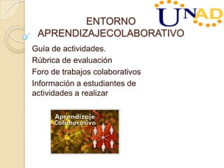 ENTORNO
APRENDIZAJECOLABORATIVO
Guía de actividades.
Rúbrica de evaluación
Foro de trabajos colaborativos
Información a estudiantes de
actividades a realizar
 