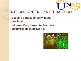 ENTORNO APRENDIZAJE PRACTICO
Espacio para subir actividades
prácticas.
Información y herramientas par el
desarrollo de la actividad.
 