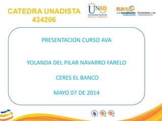 CATEDRA UNADISTA
434206
PRESENTACION CURSO AVA
YOLANDA DEL PILAR NAVARRO FARELO
CERES EL BANCO
MAYO 07 DE 2014
 