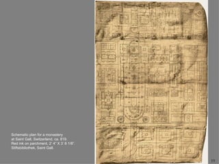 Schematic plan for a monastery
at Saint Gall, Switzerland, ca. 819.
Red ink on parchment, 2’ 4” X 3’ 8 1/8”.
Stiftsbibliothek, Saint Gall.


                                           19
 