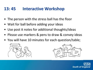 13: 45       Interactive Workshop

•   The person with the stress ball has the floor
•   Wait for ball before adding your ideas
•   Use post it notes for additional thoughts/ideas
•   Please use markers & pens to draw & convey ideas
•   You will have 10 minutes for each question/table;
 