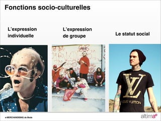 Fonctions socio-culturelles


  Lʼexpression            Lʼexpression
  individuelle            de groupe      Le statut social




e-MERCHANDISING de Mode
 