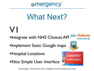What Next?
V1
•Integrate with NHS Choices API
•Implement Static Google maps
•Hospital Locations
•Nice Simple User Interface
    Kate Monaghan | Peter Hamilton | Florian Rathgeber | Kushal Pisavadia | Simon Funke
 
