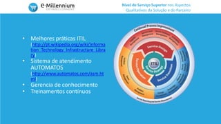 Nível de Serviço Superior nos Aspectos
Qualitativos da Solução e do Parceiro
• Melhores práticas ITIL
(http://pt.wikipedia.org/wiki/Informa
tion_Technology_Infrastructure_Libra
ry)
• Sistema de atendimento
AUTOMATOS
(http://www.automatos.com/asm.ht
ml)
• Gerencia de conhecimento
• Treinamentos contínuos
 